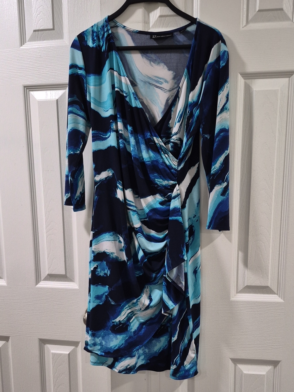 New York & Company Navy, Blue and White Faux-Wrap Long Sleeve Dress